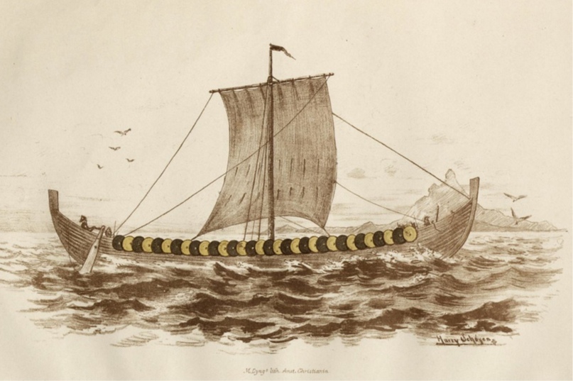 Reconstructed sketch of the Gokstad Viking longship from Nicolaysen's 1882 publication, illustrated by Harry Scheijen. The drawing depicts the ship with a sail and a row of round shields along the hull, representing Viking Age maritime warfare and burial customs. A key reference for Viking shield construction and historical reenactment